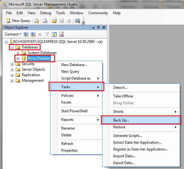 Genväg till verktyget: Startmenyn/Alla Program/Microsoft SQL Server 2012/ Backup: Starta SQL Server Management Studio.