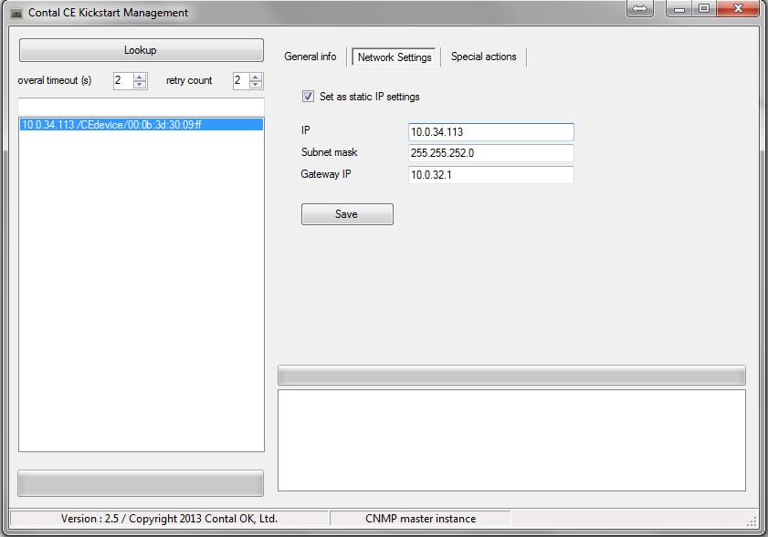 I fliken Network Settings kan dynamisk eller statisk IP anges. Ange nya värden och klicka på Save för att spara den nya adressen. I fliken Special actions finns möjlighet att starta om CCU.