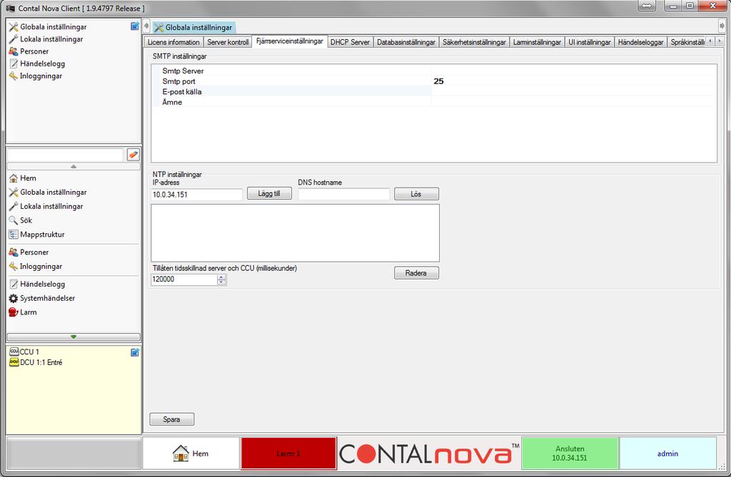 Öppna CCU:n och välj fliken Tidsinställningar. Kryssa för rutan Synka CCU tid mot Nova Server. Klicka på OK. 8.3.