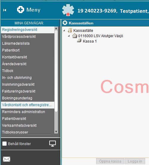 2 (17) 1 Administrera kassan 1.1.1 Öppna kassan Öppna Meny-Registrera vård-vårdkontakt och efterregistrering Markera vald
