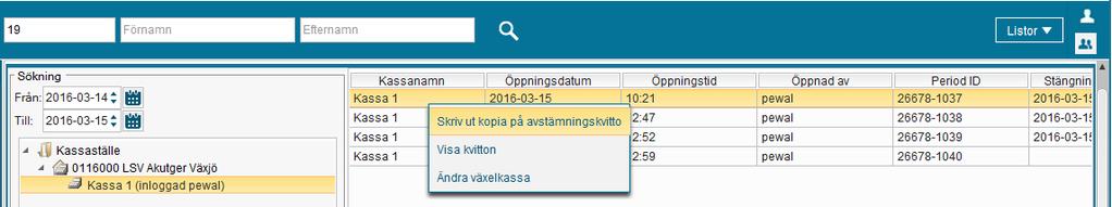 Kontanter registreras enbart av två kassor i landstinget, särskild instruktion finns för dessa. Betal-kredit: Summan för betal/kreditkort.