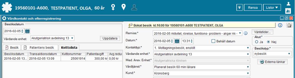 6 (17) 2.1.1 Vårdmottagarens besök Under fliken Vårdmottagarens besök till vänster i kassabilden visas en patients kontakter på den enhet man söker fram (enheter som