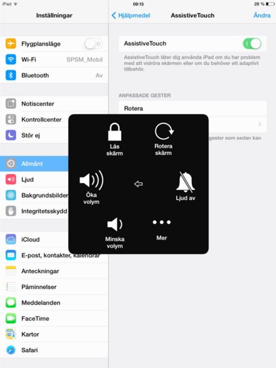 AssistiveTouch Med AssistiveTouch kan du anpassa den tryckkänsliga skärmen på Ipad efter fysiska behov. Om du har svårt med vissa gester, till exempel att nypa, kan du ändra dem till en tryckning.