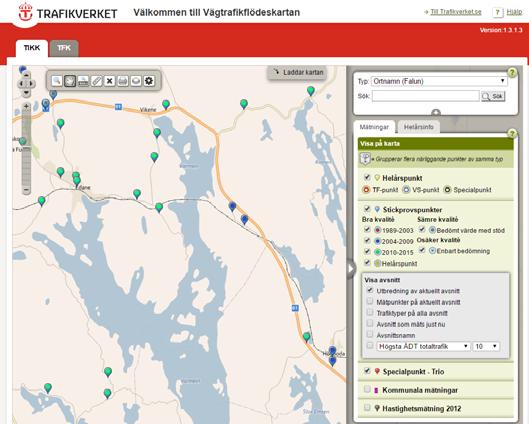 fönstret Dataslag, se Figur 11. Figur 11. Skärmklipp från https://nvdb2012.trafikverket.se/ som kan användas för att bedöma vägars betydelse. http://vtf.trafikverket.se/setrafikinformation# Trafikintensitet från verkliga mätningar redovisas via länken ovan, se Figur 12.