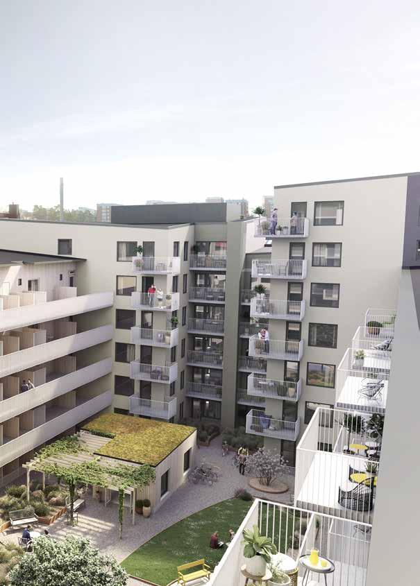 Välkommen upp till innergården! Innergården är upphöjd några meter från gatan, för ett ljusare och mer privat läge. Höga portiker släpper in ännu mer sol och skapar kontakt mellan gata och gård.