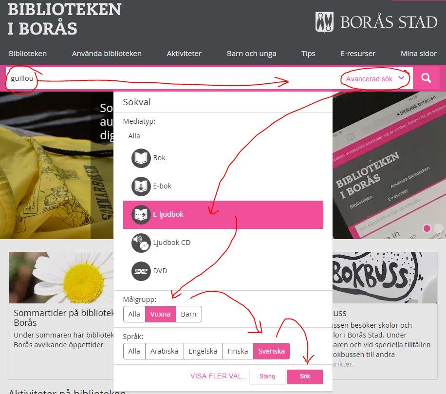 Det finns ett par metoder att hitta e-ljudböcker. Enklast är att i webbplatsens sökruta direkt söka upp en bok.