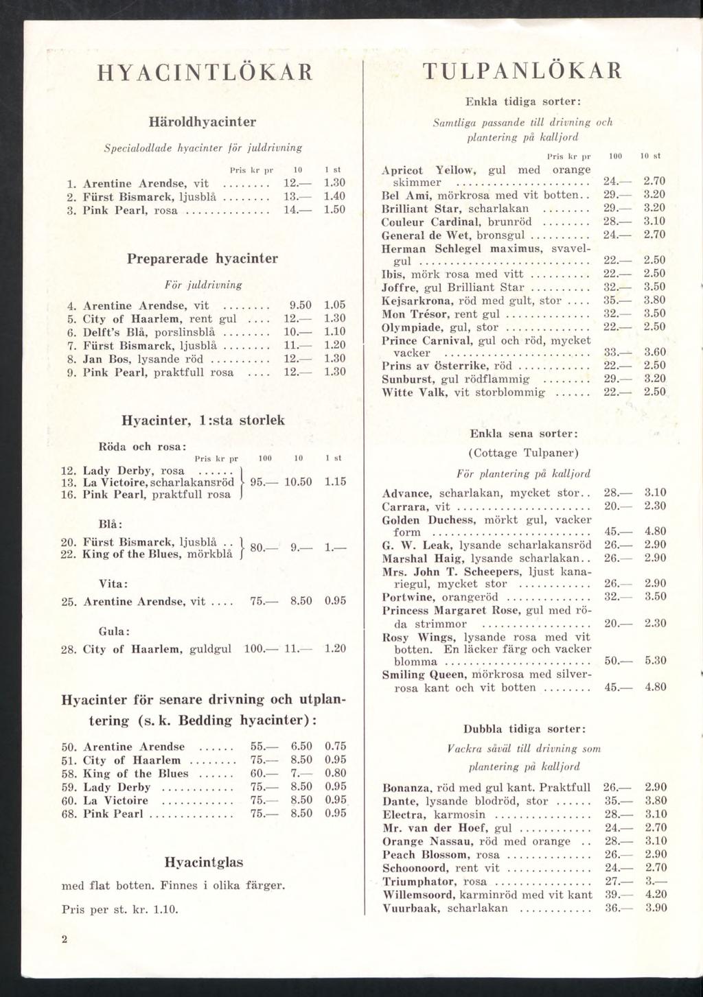 HYACINTLÖKAR Häroldhyacinter Specialodlade hyacinter för juldrivning Pris kr pr 10 1 st 1. Arentine Arendse, vit... 12. 1.30 2. Fürst Bismarck, ljusblå... 13. 1.40 3. Pink Pearl, rosa... 14. 1.50 Preparerade hyacinter För juldrivning 4.