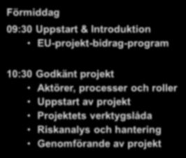 Målsättning utbildning Förståelse och kunskap om de egenheter som EU-projekt har och möjlighet att förutse eventuella problem Kännedom om olika roller, aktörer och uppgifter i uppstart och drift av