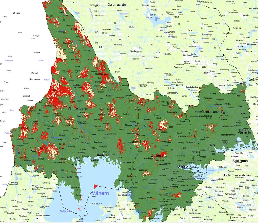 Exempel Värmland, Örebro, och Västmanland Grön = täckning Taltjänst