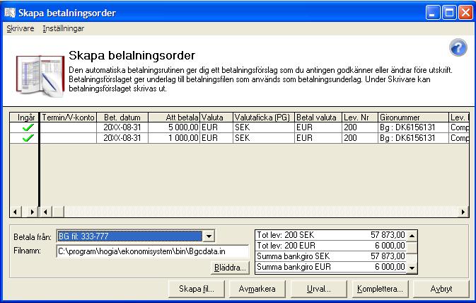 Kontrollera att de fakturor du vill betala har en grön bock i listan och klicka sedan på Skapa fil. Du kommer till följande ruta där du får välja i vilket bankformat filen skall skapas.