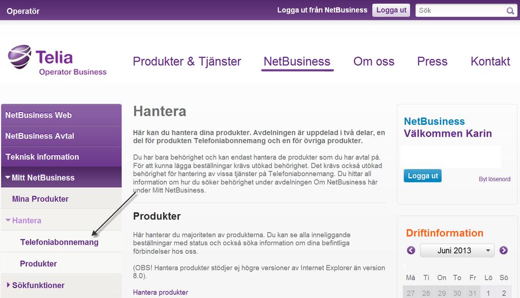 3. Klicka på Hantera och därefter på Telefoniabonnmang.