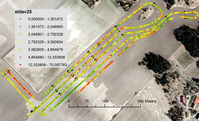 Figur 17. Karta över fältet Säby 3 med mätning av standardavvikelse med laser. De svarta punkterna visar platserna för de 20 fasta provpunkterna.