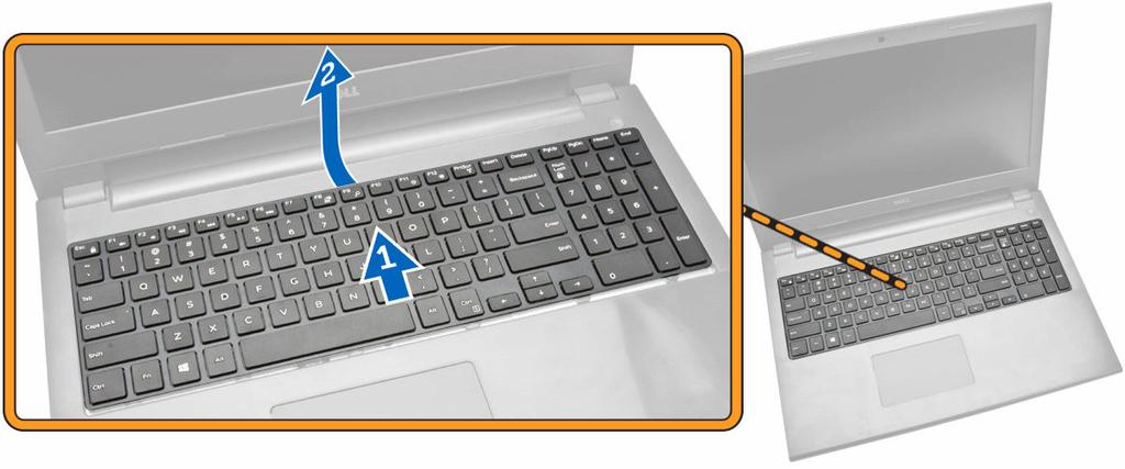 4. Utför följande steg som visas i illustrationen: a. Fäll upp låsfliken och koppla bort kabeln från låsfliken [1]. b. Koppla bort tangentbordskabeln ur datorn [2].