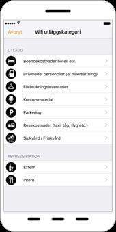 Välj utläggskategori. Utläggskategorierna sätts upp av din organisation.