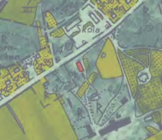 Fig. 3. Utsni ur den ekonomiska kartan från 1950 talet med den digare byggnaden på platsen markerat med rö. Skala 1:4000.