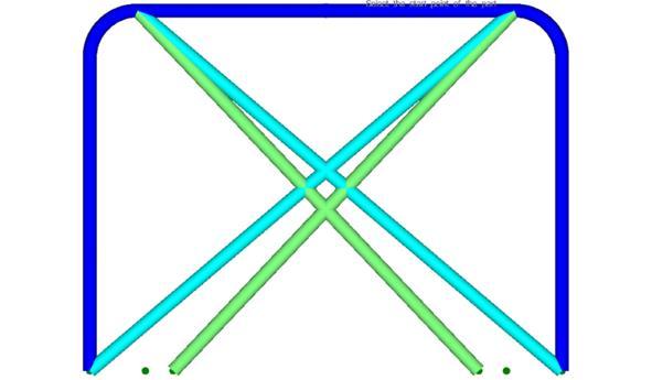 I huvudbågen ska ett kryss från hörn till hörn (turkos) eller kryss från övre hörn till ram (ljusgrön) finnas.