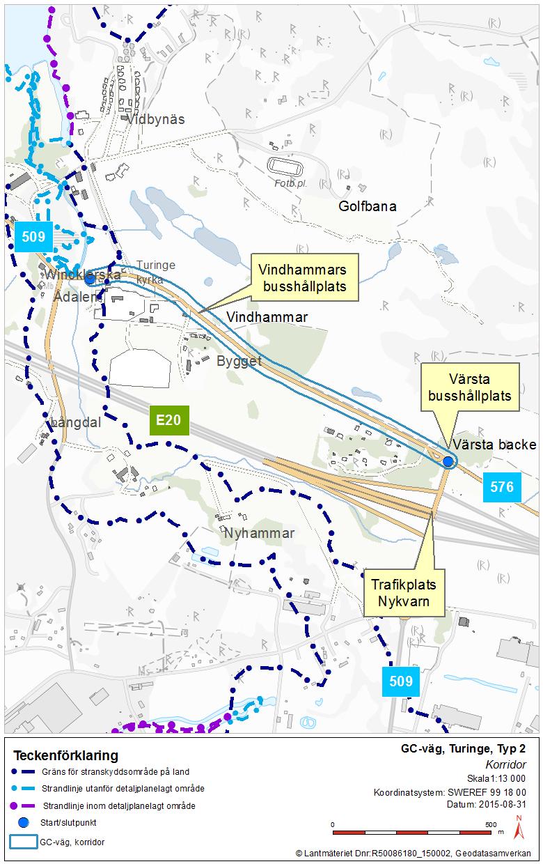 Byggnationen av gång- och cykelvägen kommer i den västra delen att ske inom Turingeåns strandskyddsområde.