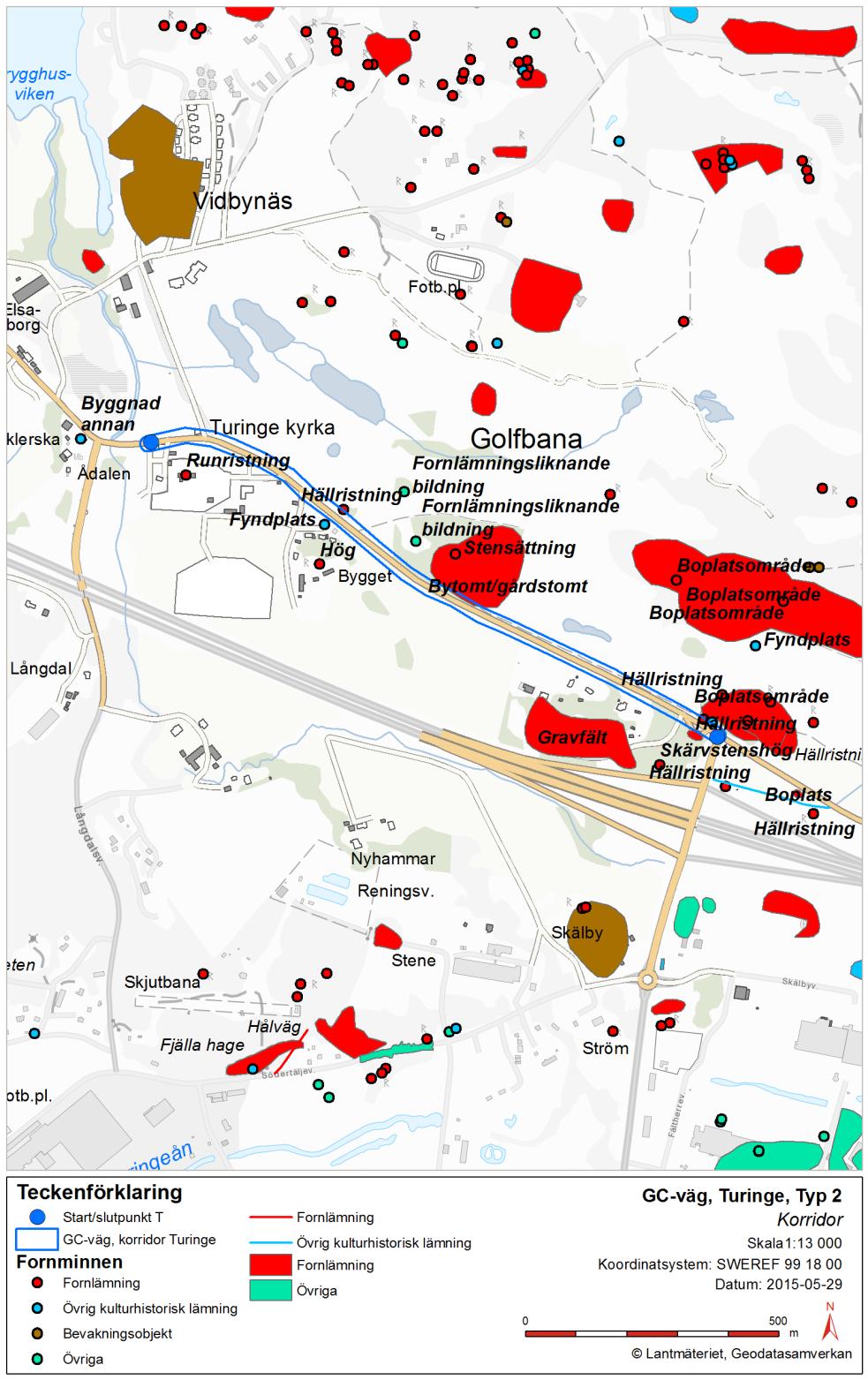 sträckningen av gång- och cykelvägen. Inga fornlämningar påträffades inom detta område. Det finns ingen erinran mot projektet ur fornlämningssynpunkt från Länsstyrelsen. Figur 7.