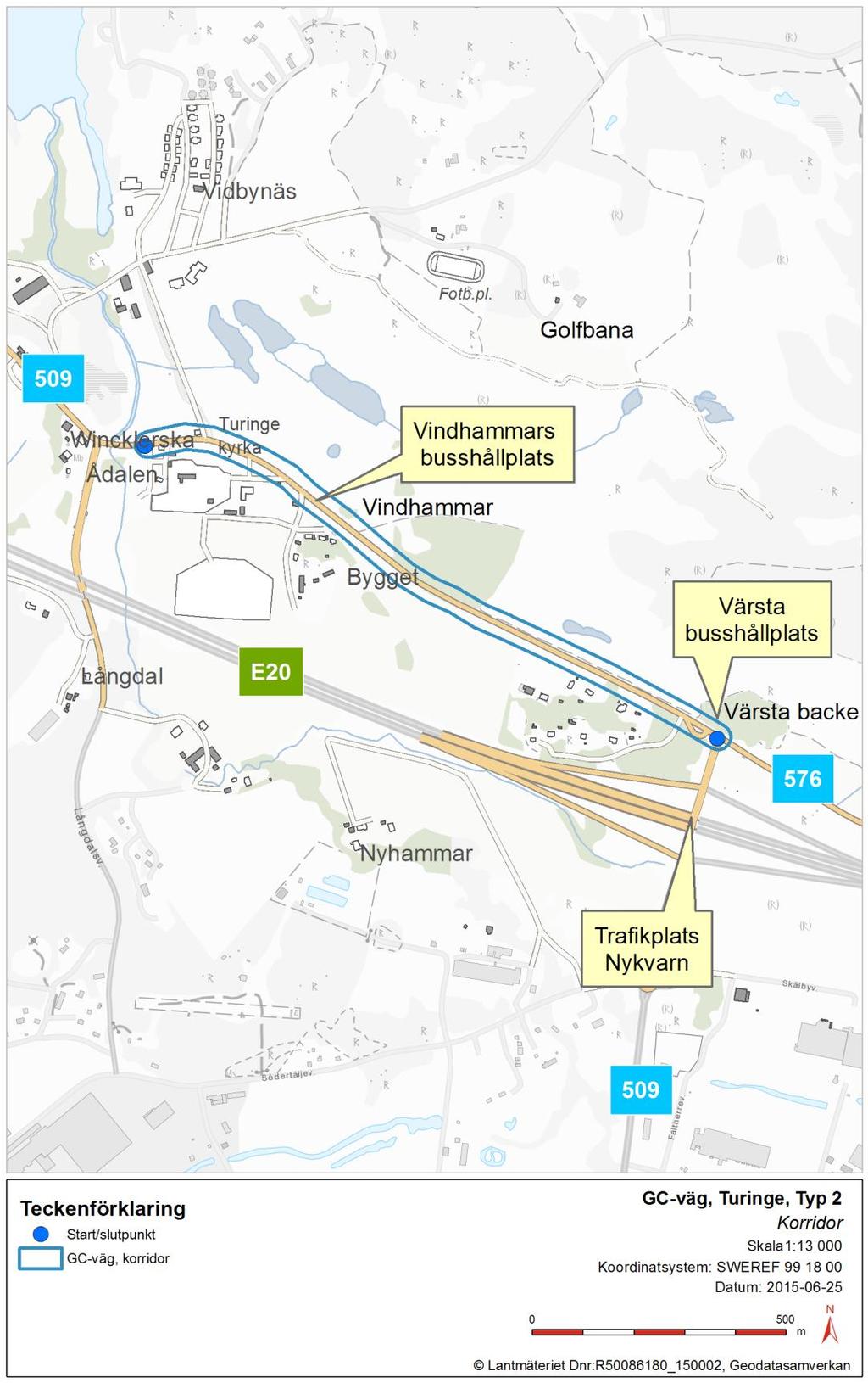 Den föreslagna gång- och cykelvägen är ca 1,5 km och innebär en utbyggnad på sträckan längs väg 576 mellan Turinge kyrka och trafikplats Nykvarn. Figur 3.