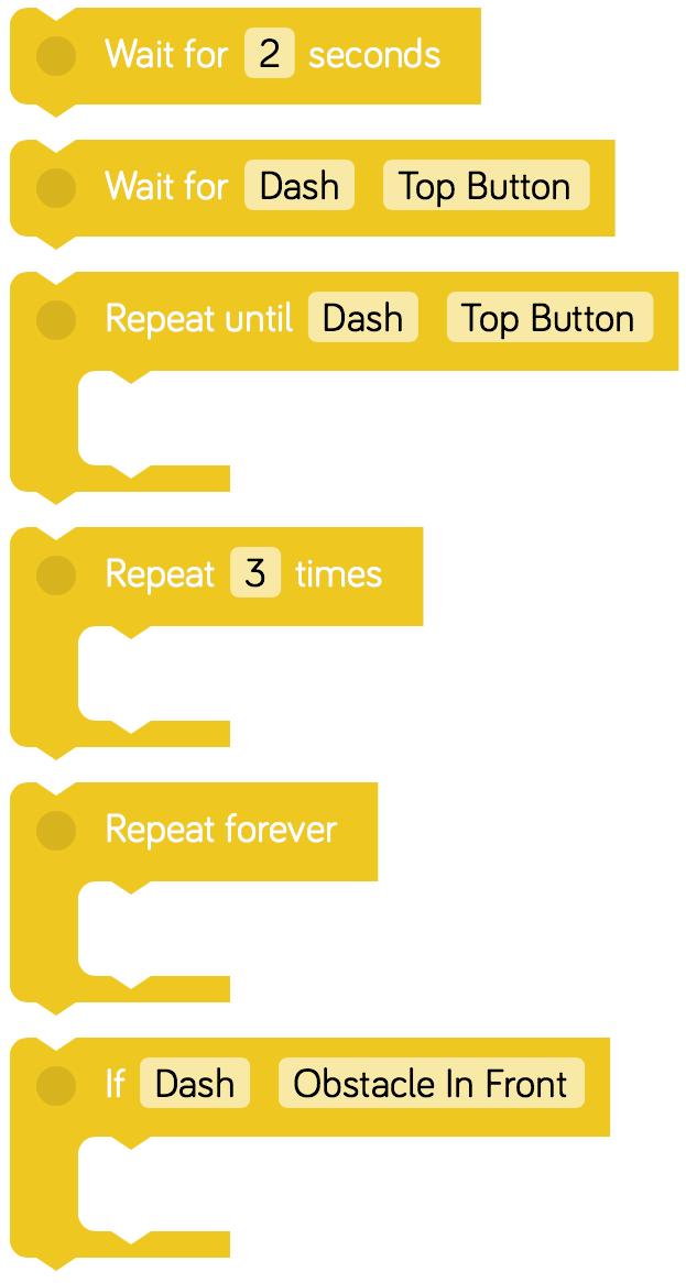 Repeat until: Dash kommer att köra blocken inuti Repat until-blocket tills du väljer en händelse som skall utlösas.