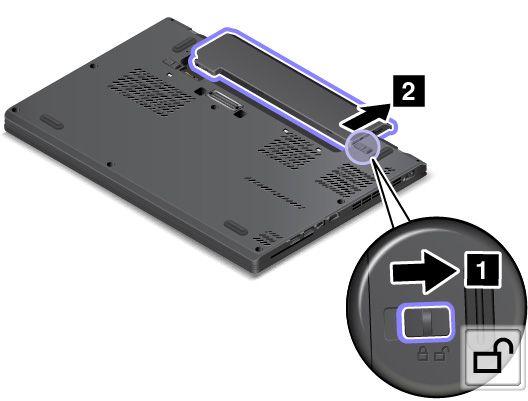 4. Skjut den andra batterispärren 1 till det upplåsta läget och ta bort batteriet 2