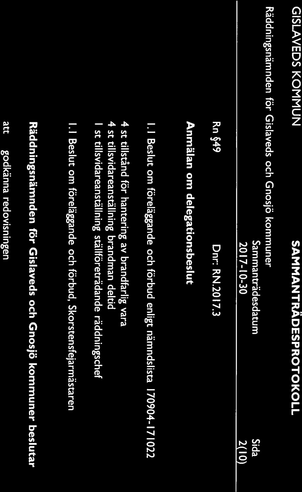 2017-10-30 2(10) Rn 49 Dnr: RN.2017.3 Anmälan om delegationsbeslut 1 Beslut om föreläggande och förbud enligt nämndslista 1 70904-1 7 1022 4 st tillstånd för hantering av brandfarlig vara 4