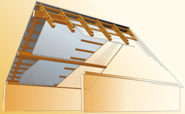 2.2.3. Inre takisolering Det första arket Ecofoil måste rullas parallellt till takåsen och fästas till takåsens läkt med en 5 cm klammer.