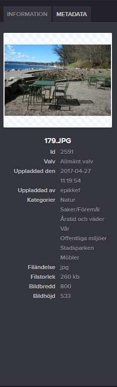 BILDER För att få fram informationen om en bild klicka på bilden. Den blir då grå runtom och information om bilden dyker upp till höger.
