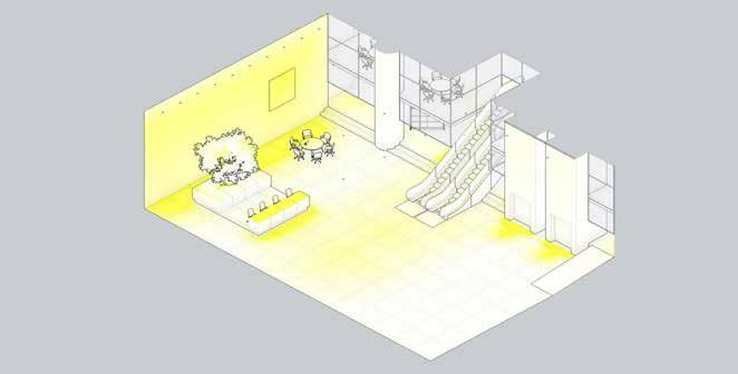En målinriktad belysning av trappor, receptionsdiskar och väntzoner delar in lokalerna i brukszoner och leder användarens blick. Bred väggbelysning gör att rummet upplevs som ljusare.