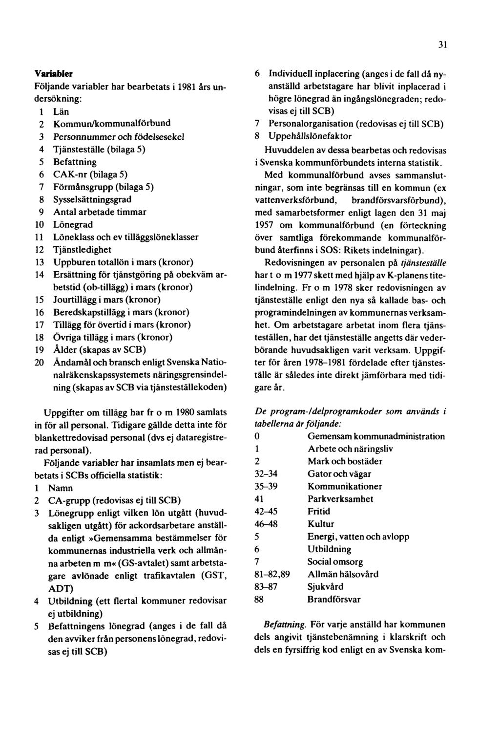 31 Variabler Följande variabler har bearbetats i 1981 års undersökning: 1 Län 2 Kommun/kommunalförbund 3 Personnummer och födelsesekel 4 Tjänsteställe (bilaga 5) 5 Befattning 6 CAK-nr (bilaga 5) 7
