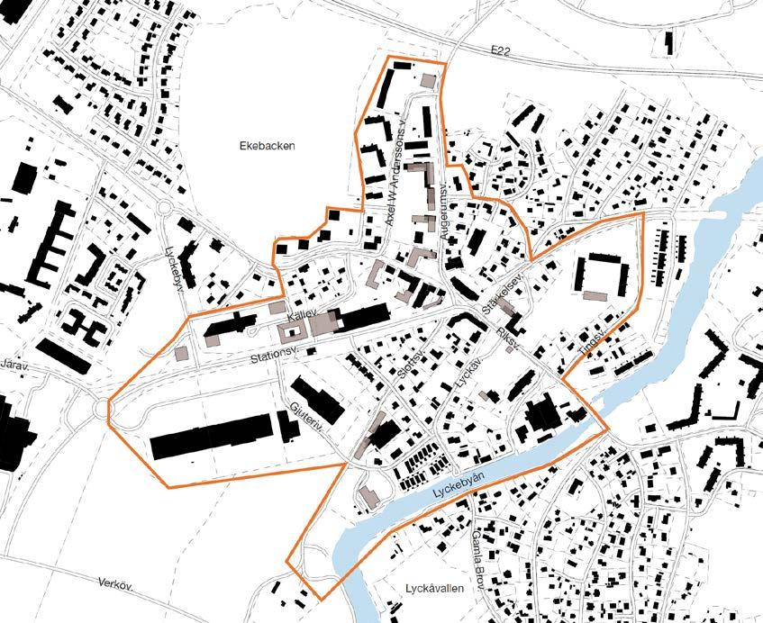 Planens omfattning Lyckeby centrum föreslås kompletteras med flerbostadshus i huvudsak tre till fem våningar men även en del högre byggnader föreslås.