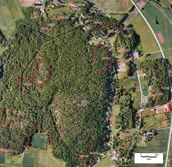 Göteborgs Stadsmuseum TOPOGRAFI OCH FORNLÄMNINGSMILJÖ Området där fornlämning Tuve 76 är belägen utgörs av ett flertal fornlämningar i östsluttningen av Skändlaberget (figur 3).