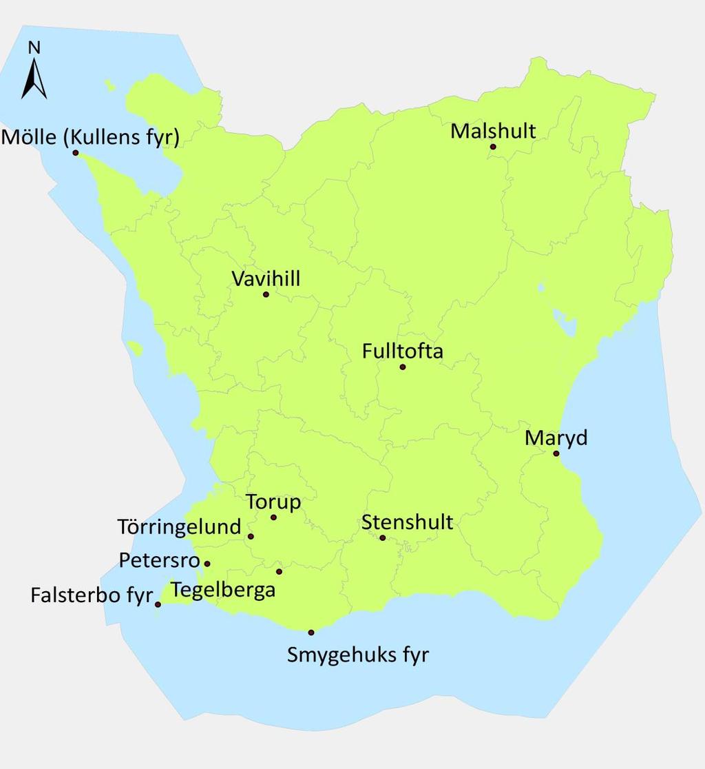 Figur 2. Geografisk fördelning av tolv mätplatser för kvävedioxid i bakgrundsmiljö. Partiklar I uppdraget fanns ingen möjlighet att genomföra mätningar av partiklar på flera platser i bakgrundsmiljö.