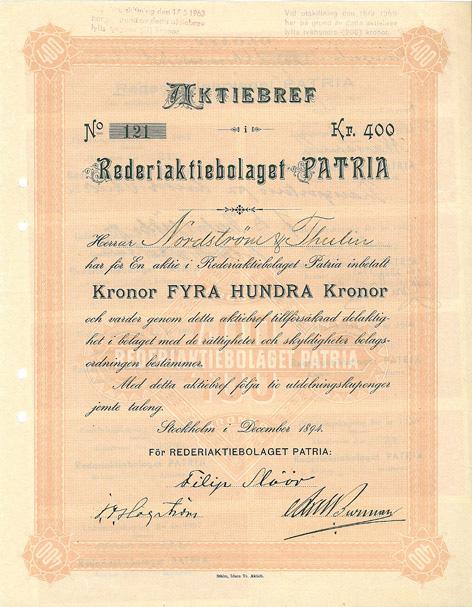 vf Nr 102 Rederi AB Patria, kr, 1894, Stockholm, GA.