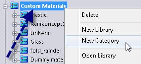 Längst ner i materialträdet finns en mapp som heter Custom Materials. Högerklicka på den mappen, välj New Category.