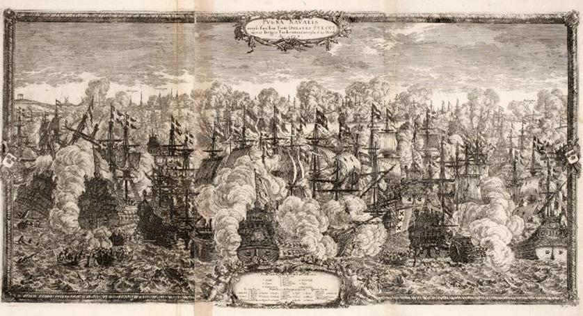 Stora sjöslaget i Öresund 1658 MHM 006119:003: Gravyren föreställer det stora sjöslaget i Öresund, 1658, mellan den svenska och holländska flottan.