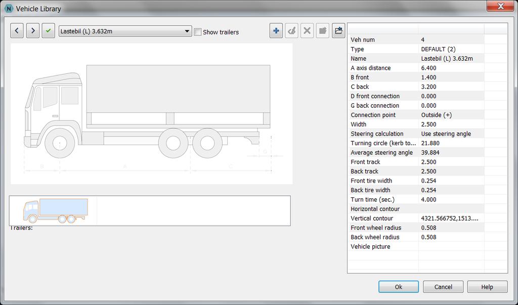 Fordonsbibliotek Using this command define new vehicles and edit the existing ones to be used in the Swept path analysis command.