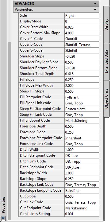 Släntområde-Släntkil_NV (DaylightWithCover_NV) Släntområde med schakt- eller fyll-läge för mark, med släntkil Target Parameters och Output Parameters på nästa sida.