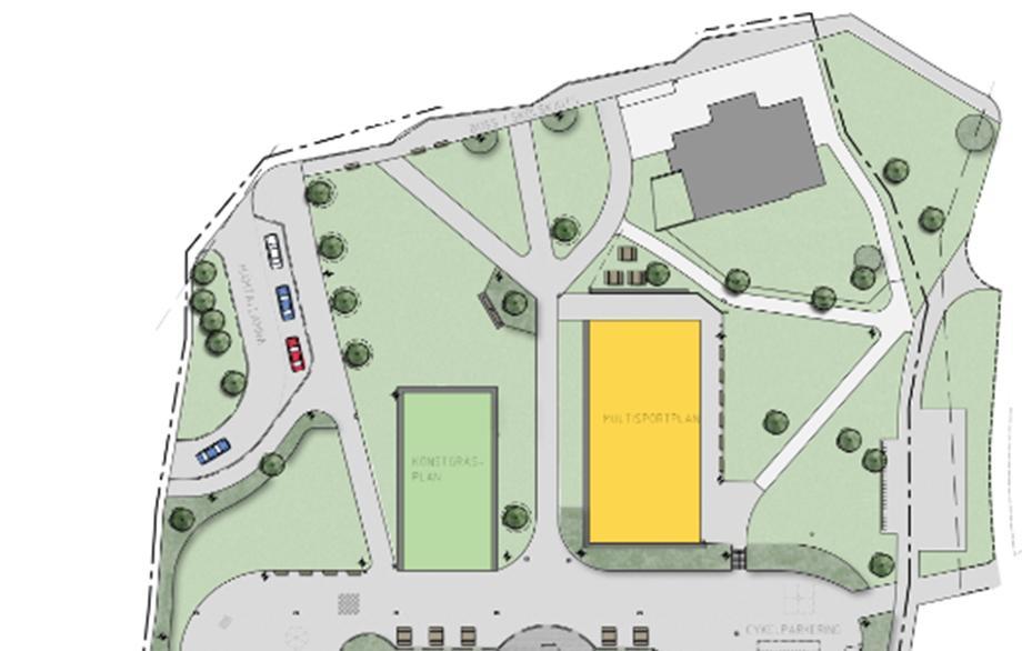 6 Markplanering, angöring, parkering, inlastning Den nya skolbyggnaden kommer att vara belägen mellan den nuvarande skolan och den befintliga sporthallen på angränsande tomt i söder.