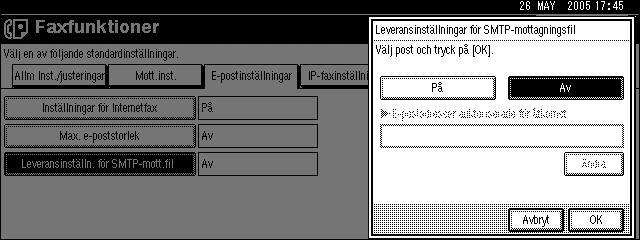 E-postinställningar F Tryck på [OK]. G Tryck på {Användarverktyg/Räknare}. Leveransinställn. för SMTP-mott.