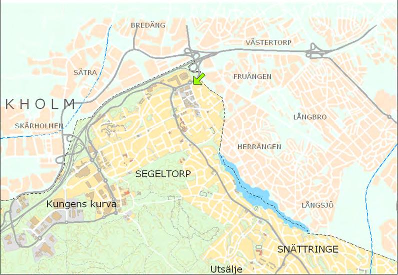 Planområdet precis väster om kommungränsen mot Stockholm, markerat med grön pil Tidigare ställningstaganden Översiktsplan I kommunens översiktsplan betecknas planområdet primärt förtätnings- och