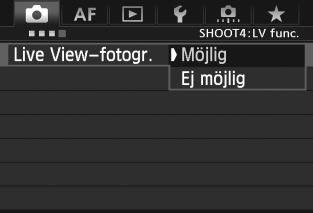 A Fotografera med LCD-monitorn Aktivera Live View-fotografering Ställ in [z4: Live View-fotogr.] på [Möjlig]. I metoden <A> visas den på [z2].