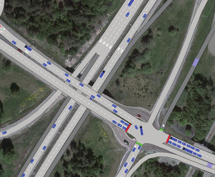 Kollektivtrafik på E18 genom trafikplatsen Busstrafik från motorvägshållplatsen i södergående riktning kör ut på E18 i eget körfält och har sedan en gemensam