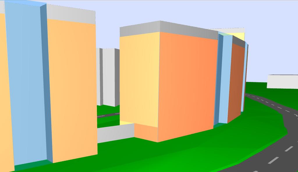 Figur 4 Vy med skärm mellan hus 4 och 2. 7.1.1.4 Hotell Hotellbyggnaden, Hus 3, ersätter eventuellt Hus 2 och är format i tre trappsteg med 5, 7 respektive 10 våningar.