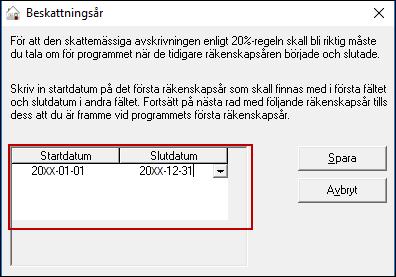 Du hittar funktionen under menyn Register - Anläggningar - Beskattningsår alternativt Verktyg - Registervård - Anläggning - Beskattningsår.