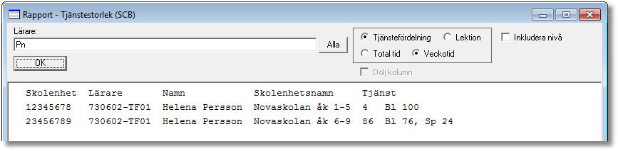 För en lärare med undervisning på mer än en skolenhet kan rapporten se ut så här: (Helena Persson har en total tjänsteomfattning på 90 %, varav 4 % på enheten Novaskolan åk 1-5 och 86 % på Novaskolan