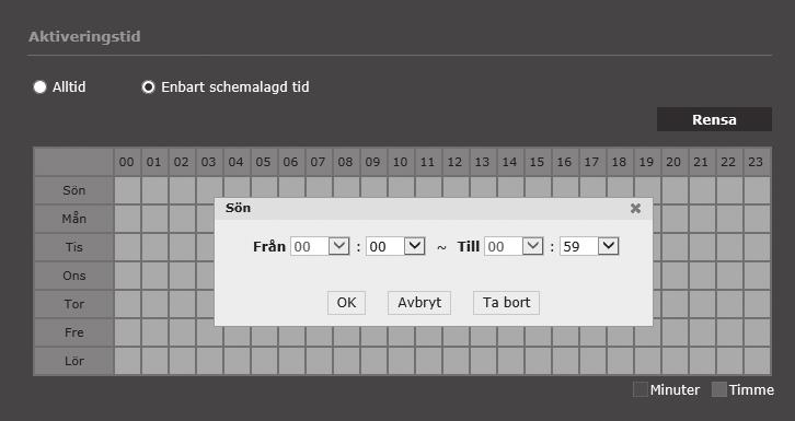 inställningsskärmen Larmingång Du kan ställa in ingångtyp för alarm, aktiveringstid och användningsläge. 1. På inställningsmenyn väljer du fliken <Event ( )>. 2. Klicka på <Larmingång>. 3.