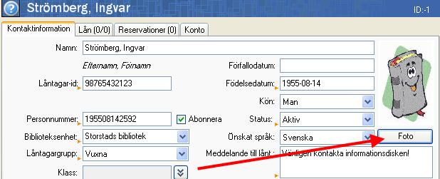 Markera bilden och klicka på knappen Öppna. Fotot infogas då i låntagarbilden. Klicka på OK för att spara.