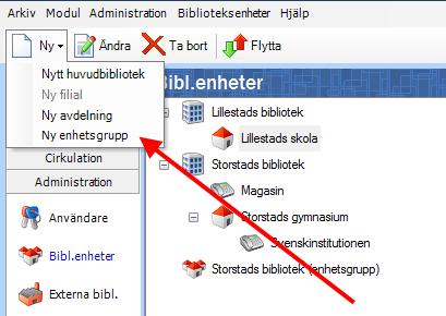 De tre olika bibliotekens bestånd visas då i samma Webbsök (OPAC). En enhetsgrupp upprättas automatiskt vid installationen.