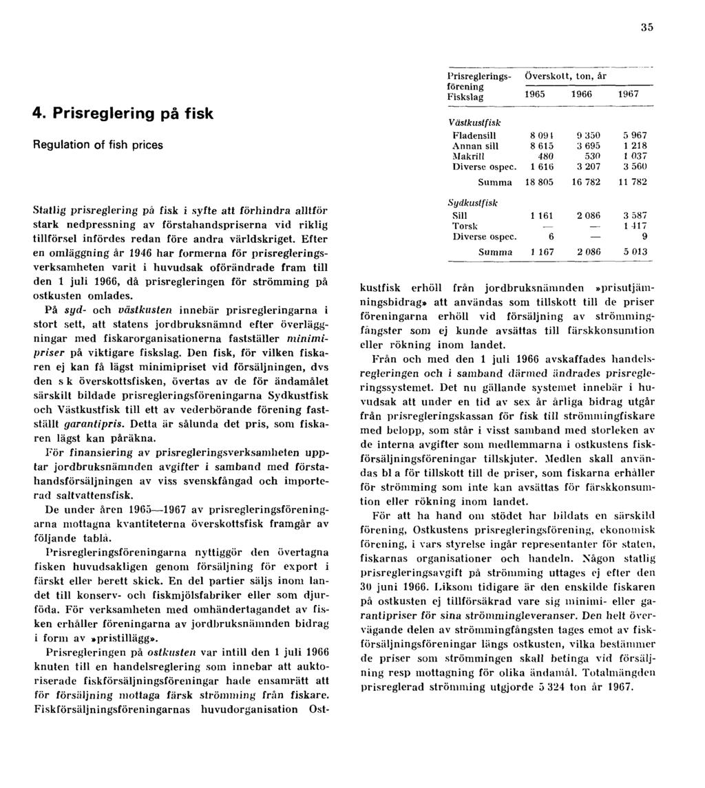 35 4. Prisreglering på fisk Regulation of fish prices Statlig prisreglering på fisk i syfte att förhindra alltför stark nedpressning av förstahandspriserna vid riklig tillförsel infördes redan före